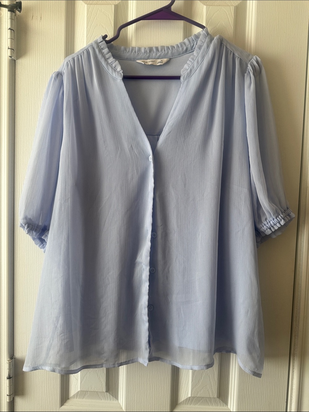 Nine West Pale Blue Ruffled V-Neck Button Blouse